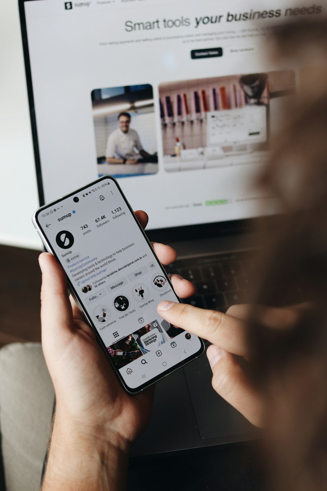 Services Viewing SumUp’s Instagram profile on a smartphone, which shares tips and tools for small business owners and entrepreneurs to manage payments and grow their businesses with SumUp’s fintech solutions.